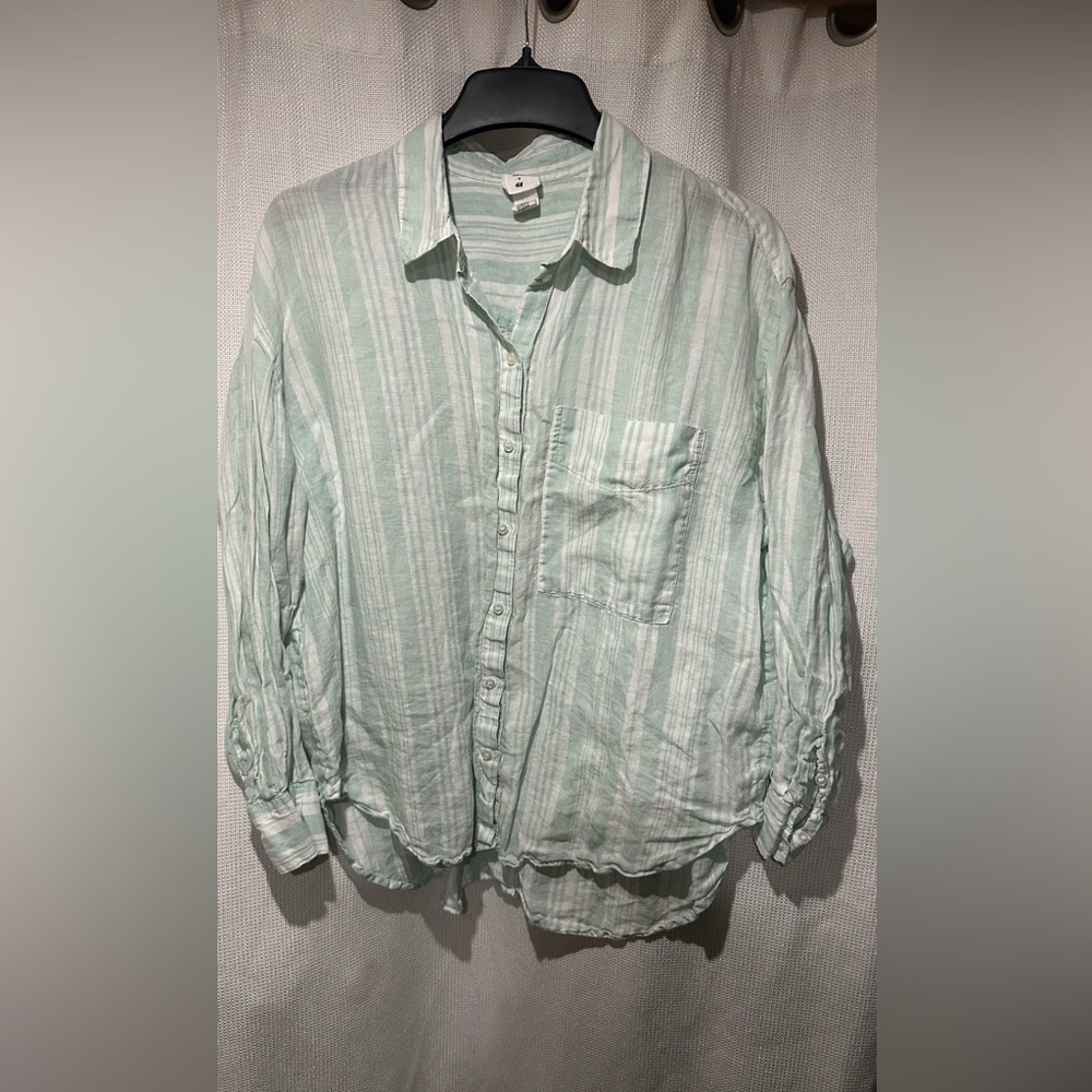 Mint Green Striped 100% Linen Shirt